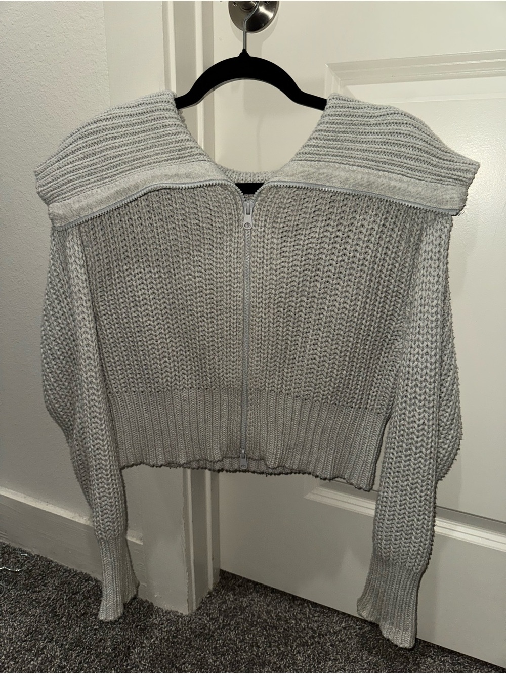 Aerie Light Gray Zip-Front Knit Sweater with Wide Collar